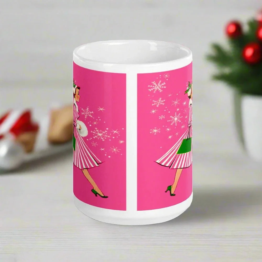 Pink Christmas Lady Mid Century Retro Christmas Print Glossy Mug