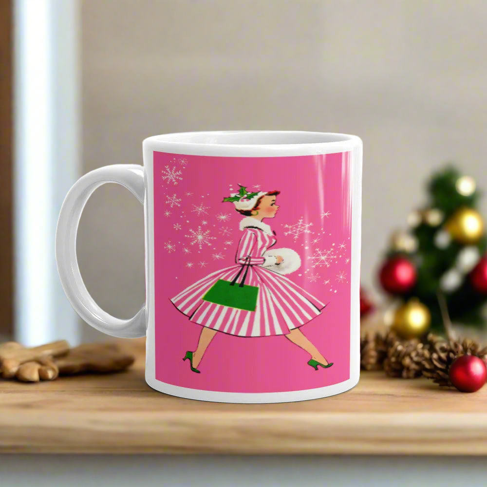 Pink Christmas Lady Mid Century Retro Christmas Print Glossy Mug