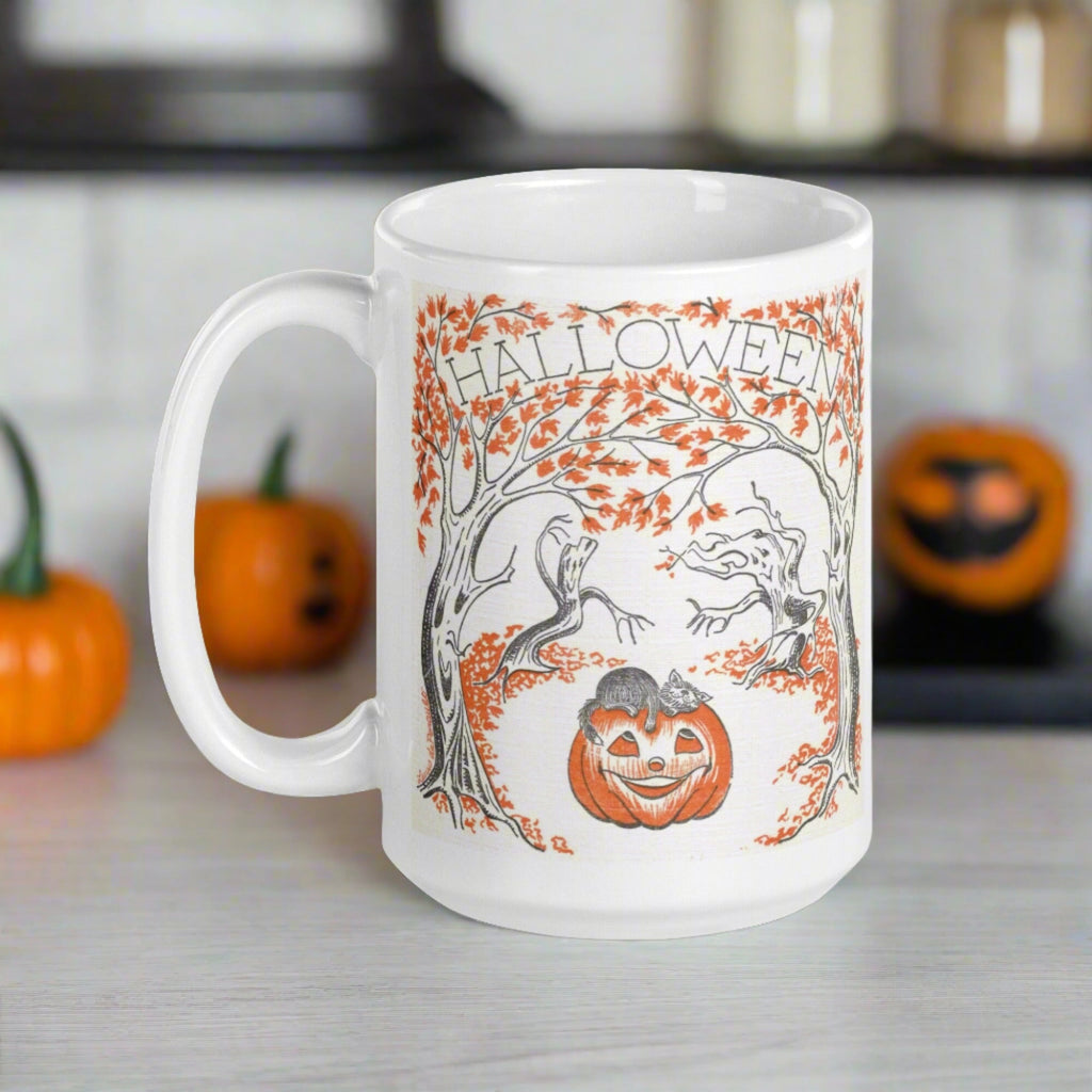 Halloween Trees Black Cat Pumpkin Retro Halloween Glossy Coffee Mug