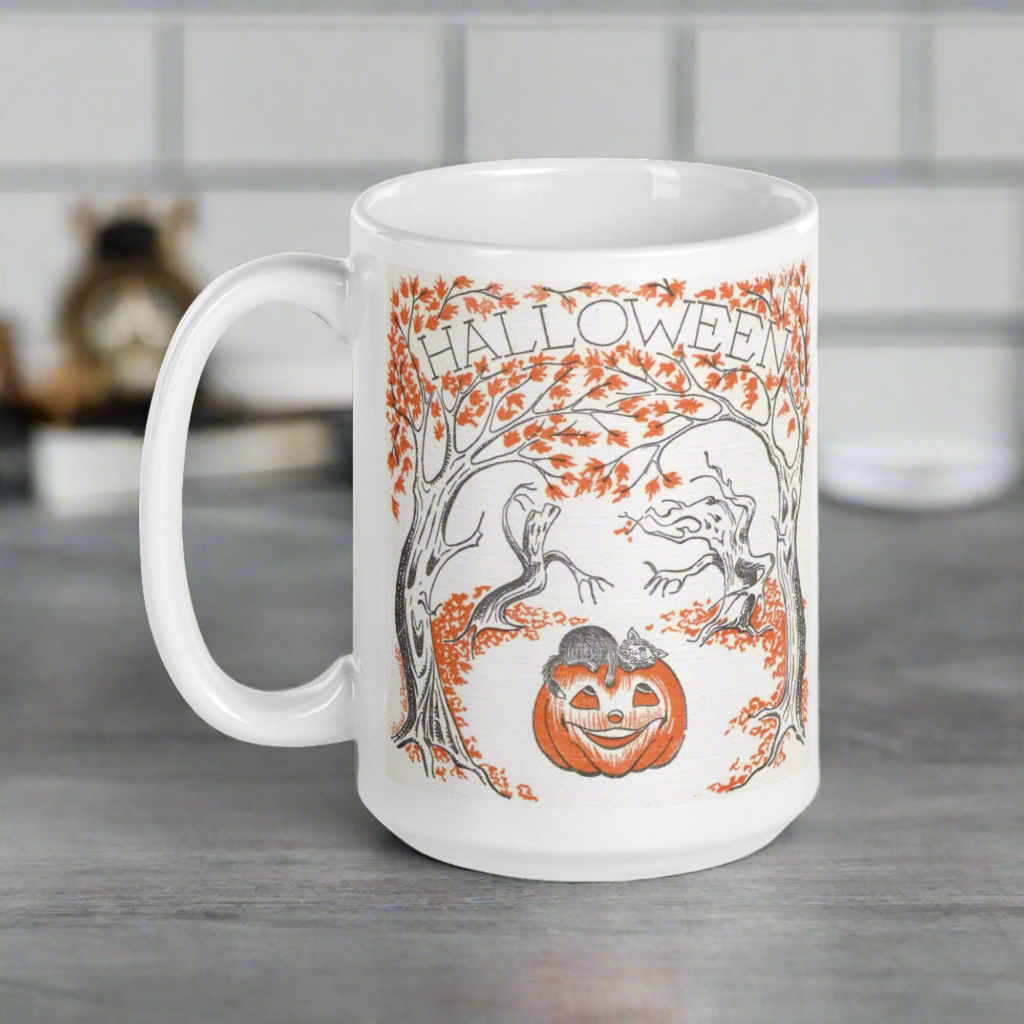 Halloween Trees Black Cat Pumpkin Retro Halloween Glossy Coffee Mug