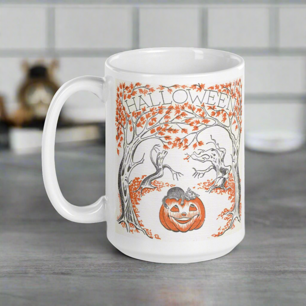 Halloween Trees Black Cat Pumpkin Retro Halloween Glossy Coffee Mug