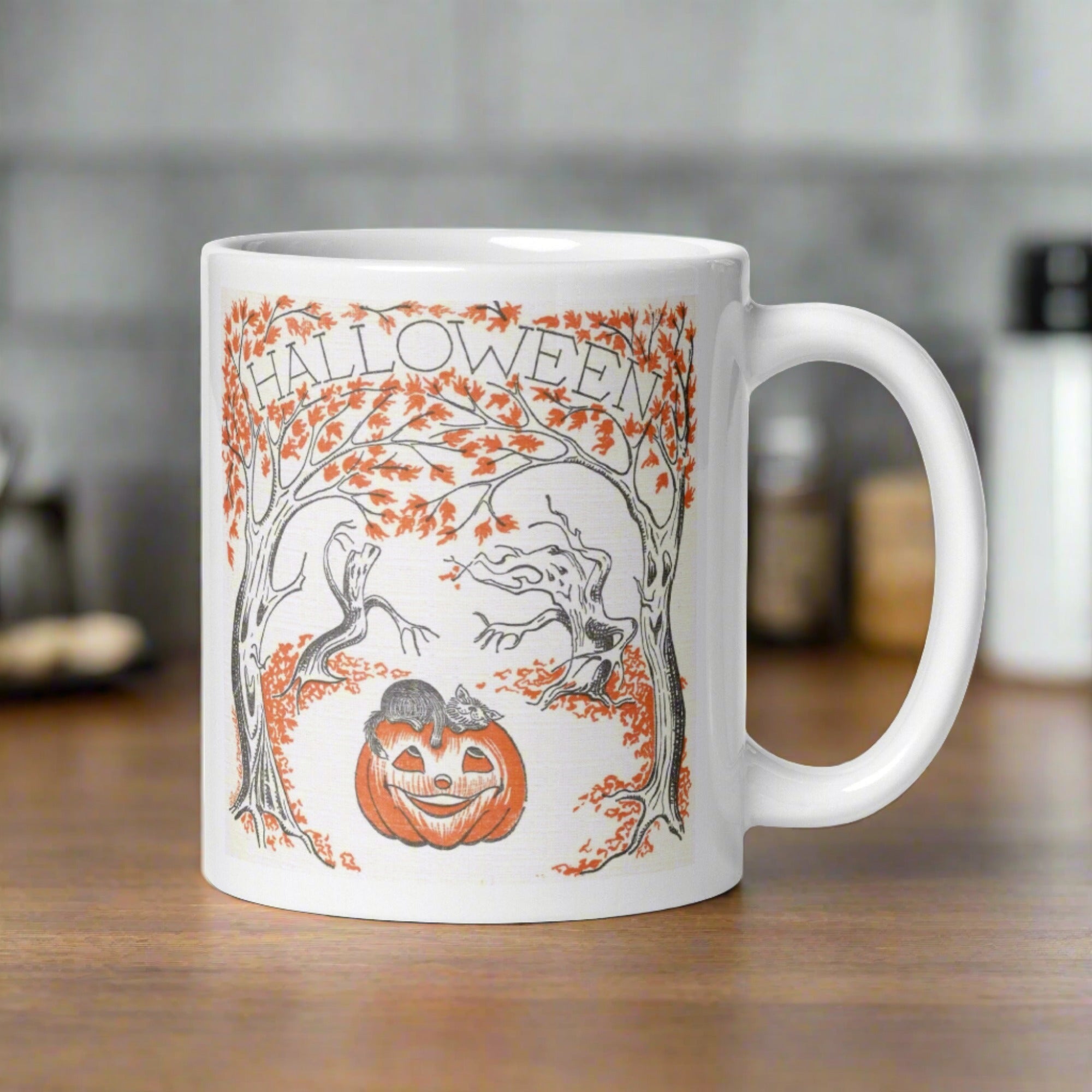 Halloween Trees Black Cat Pumpkin Retro Halloween Glossy Coffee Mug