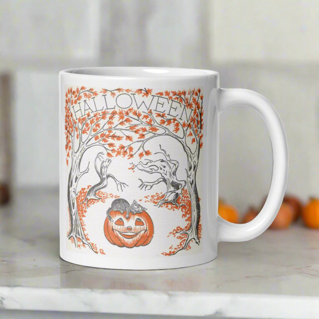 Halloween Trees Black Cat Pumpkin Retro Halloween Glossy Coffee Mug