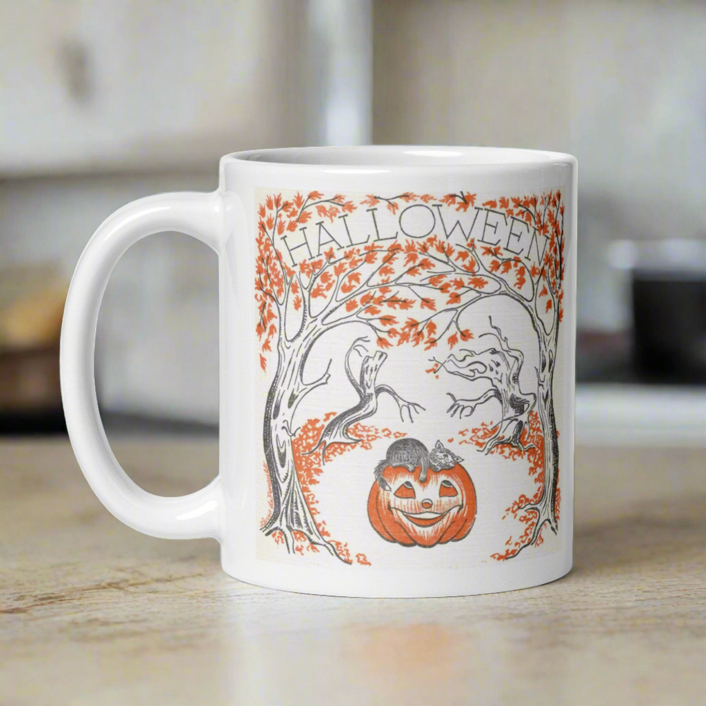 Halloween Trees Black Cat Pumpkin Retro Halloween Glossy Coffee Mug