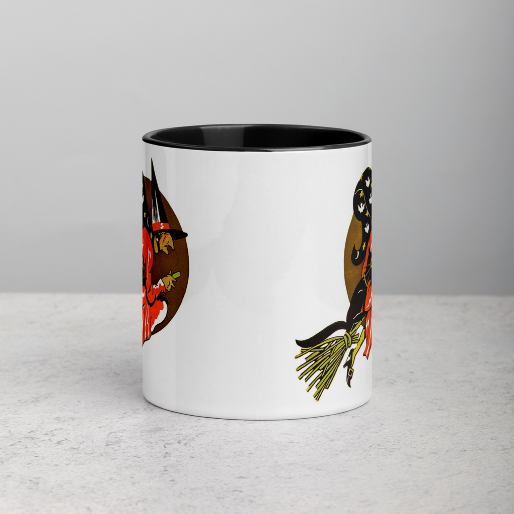 Flying Witch On Broom Black Cat Gold Moon Retro Vintage Halloween Coffee Mug