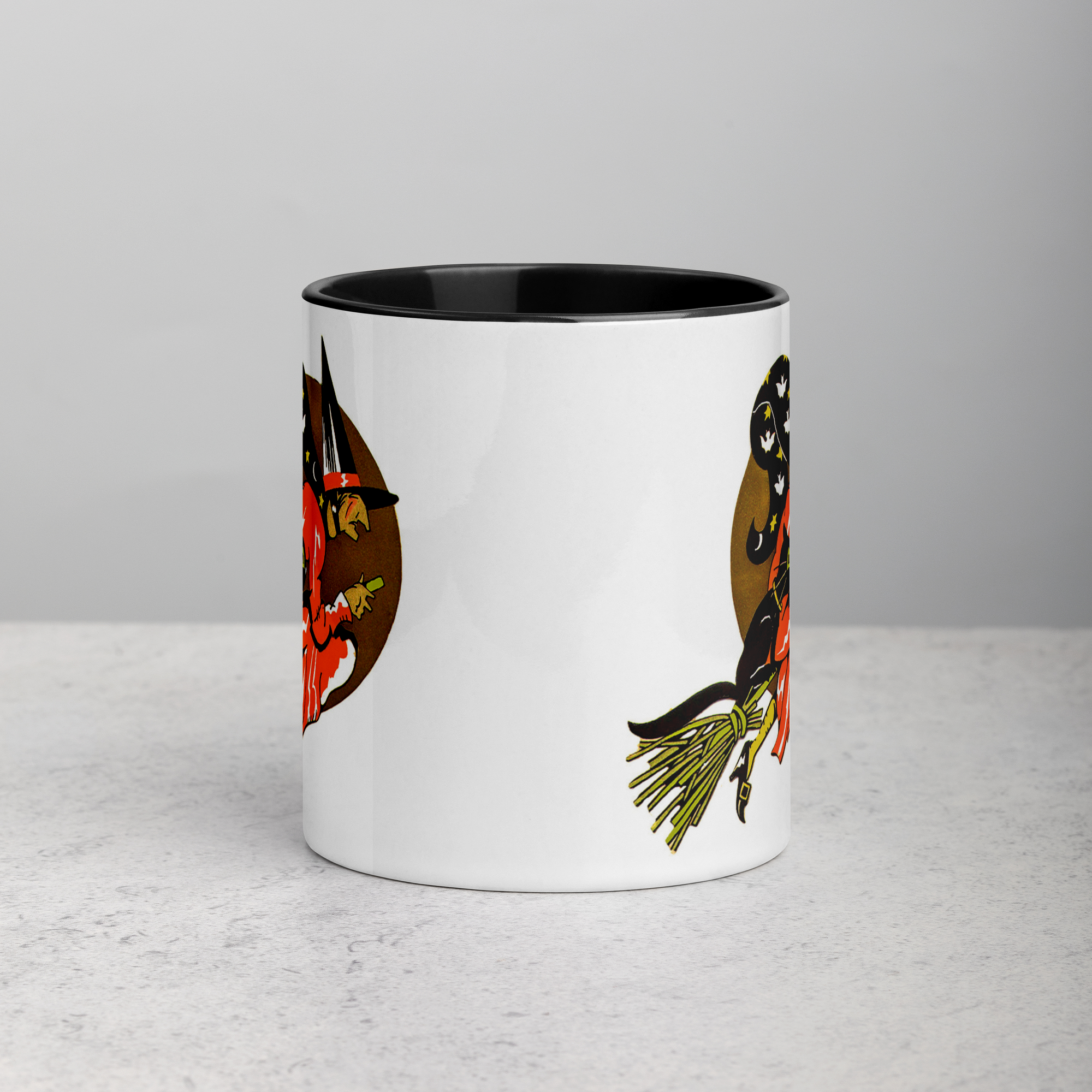 Flying Witch On Broom Black Cat Gold Moon Retro Vintage Halloween Coffee Mug