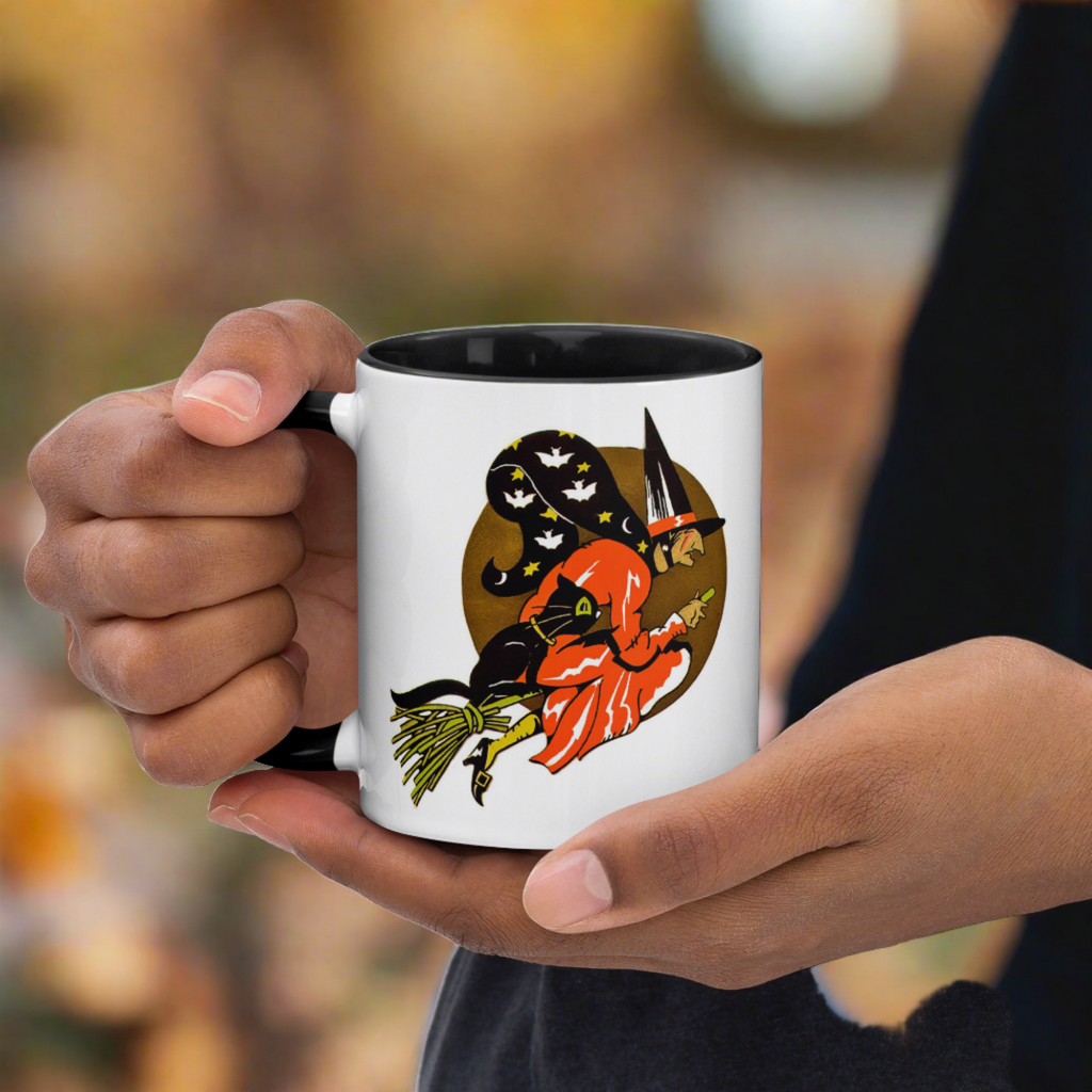 Flying Witch On Broom Black Cat Gold Moon Retro Vintage Halloween Coffee Mug