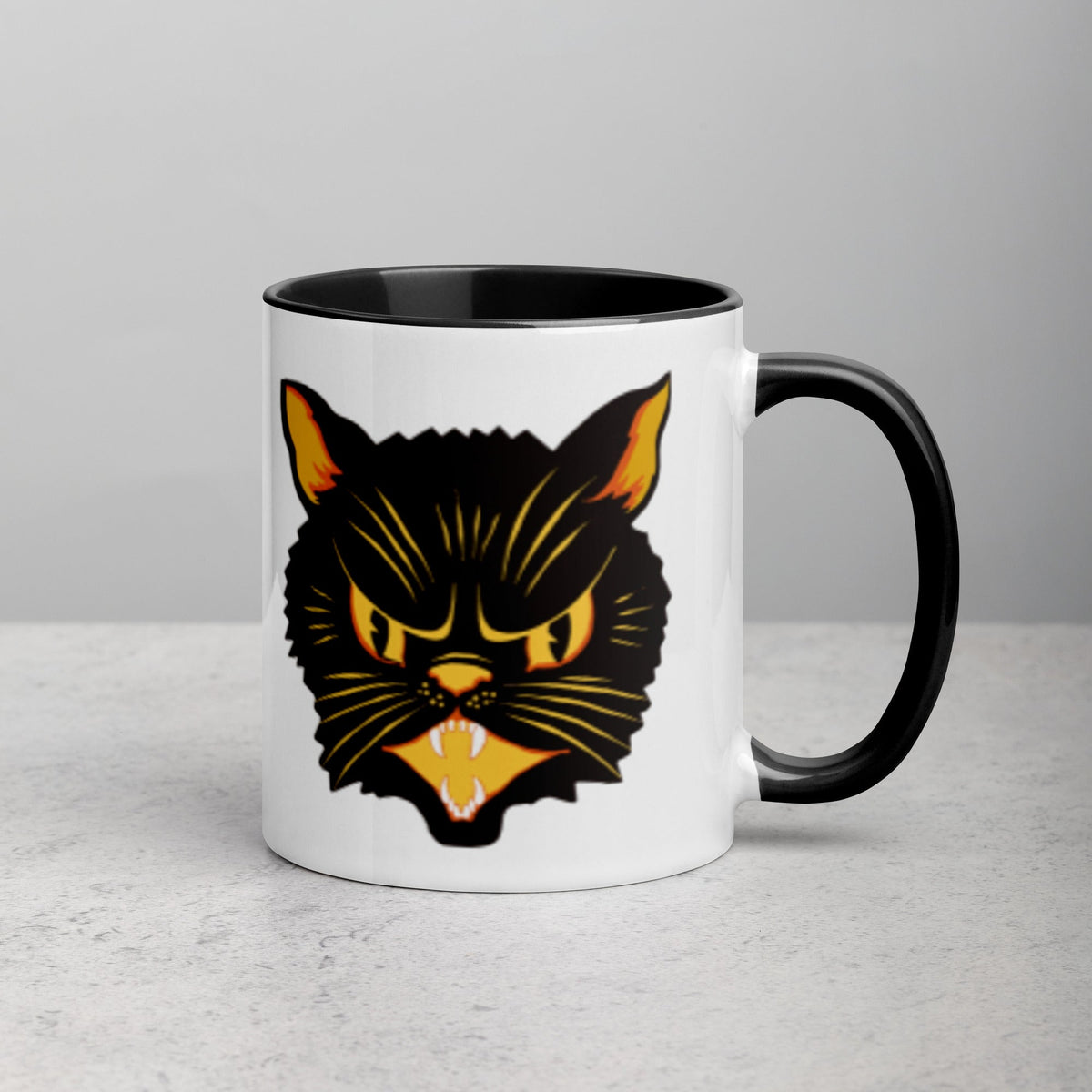 Black Cat Vintage Retro Halloween Print Black Lined Mug