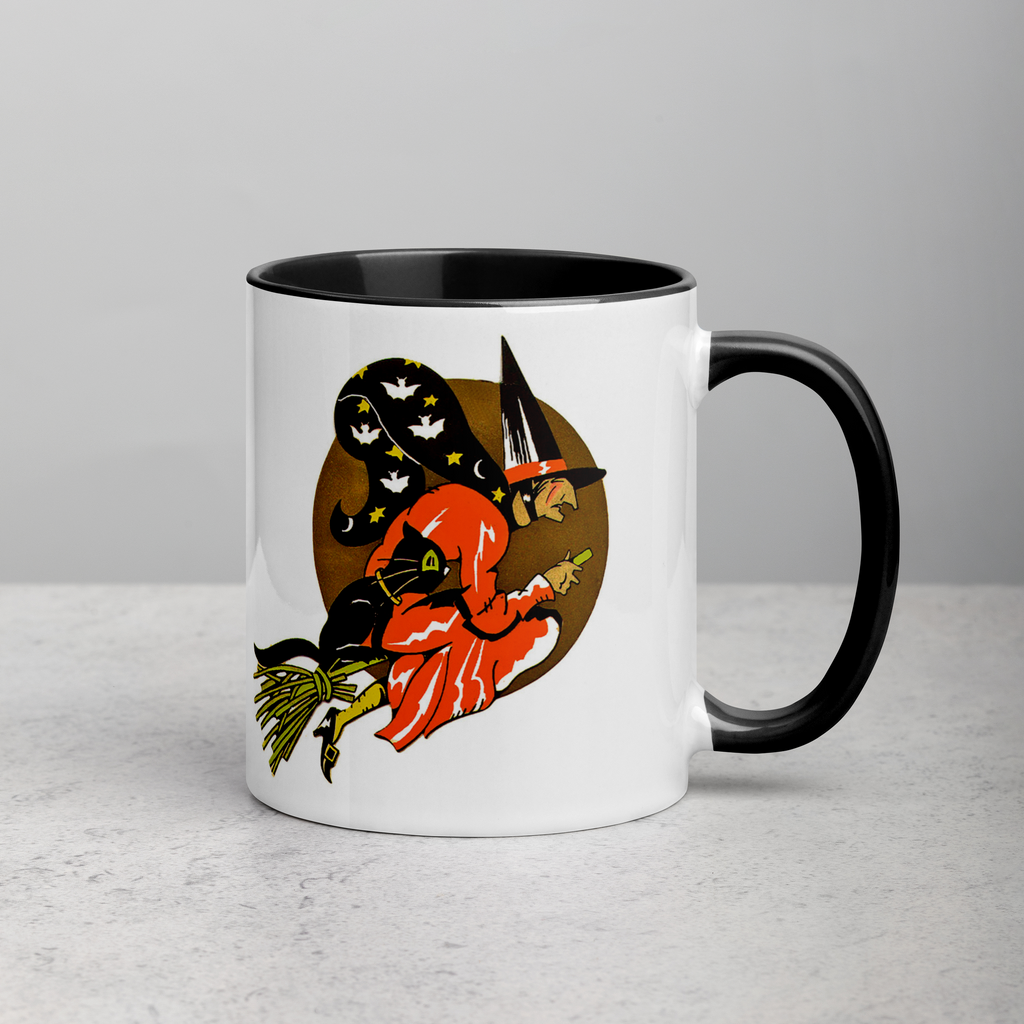 Flying Witch On Broom Black Cat Gold Moon Retro Vintage Halloween Coffee Mug