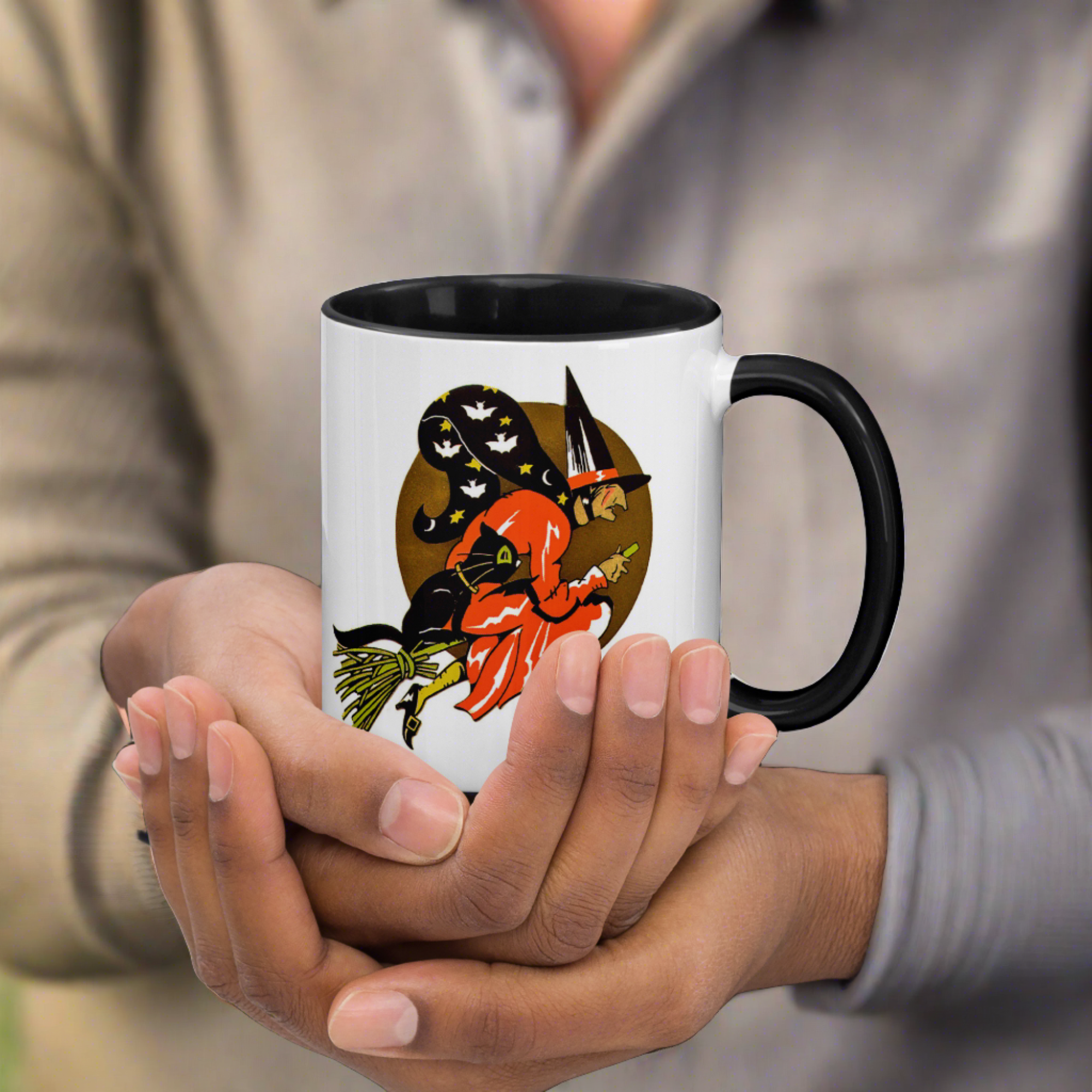 Flying Witch On Broom Black Cat Gold Moon Retro Vintage Halloween Coffee Mug