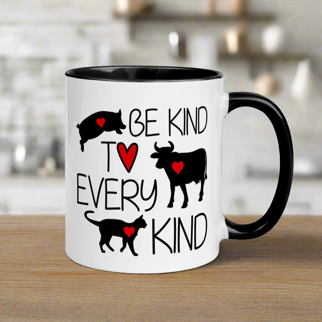 Be Kind To Every Kind Vegan Black Lined Glossy Mug