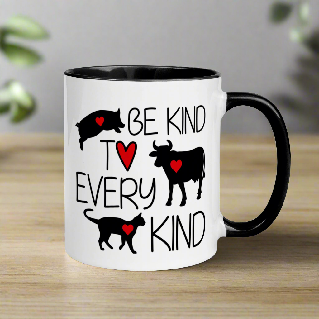 Be Kind To Every Kind Vegan Black Lined Glossy Mug
