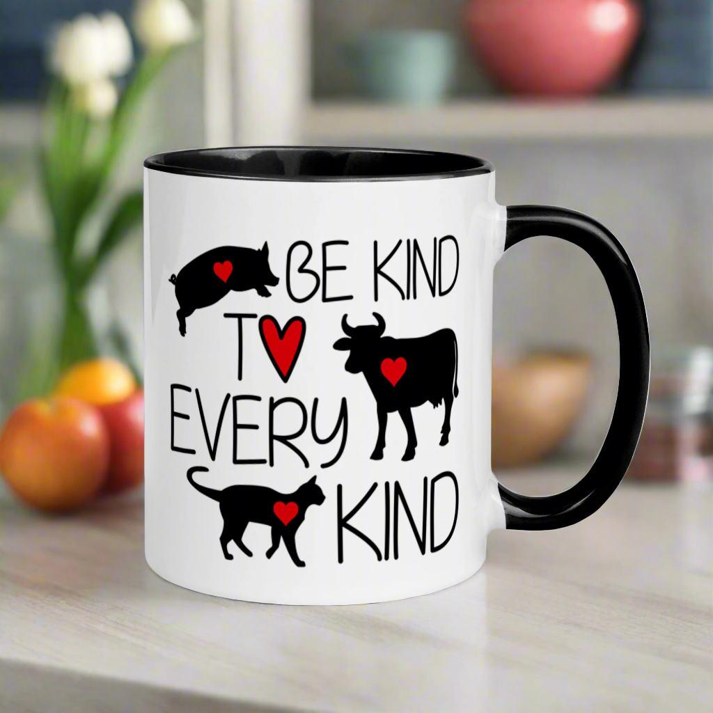 Be Kind To Every Kind Vegan Black Lined Glossy Mug