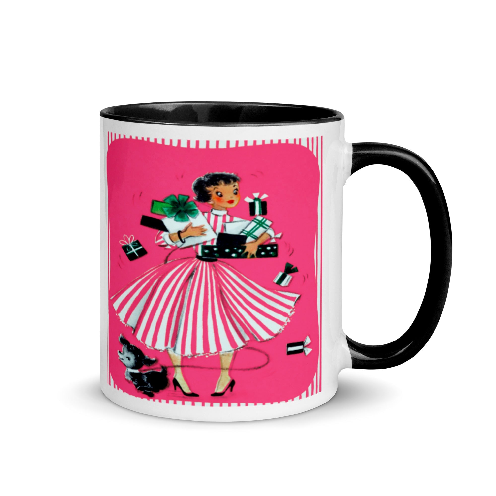 Pink Lady With Presents And Dog Lined Glossy Coffee Mug - Retro Style