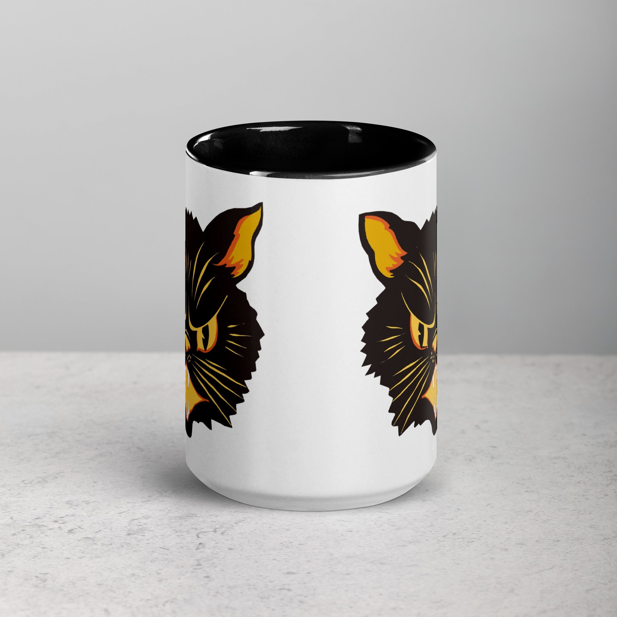 Black Cat Vintage Retro Halloween Print Black Lined Mug