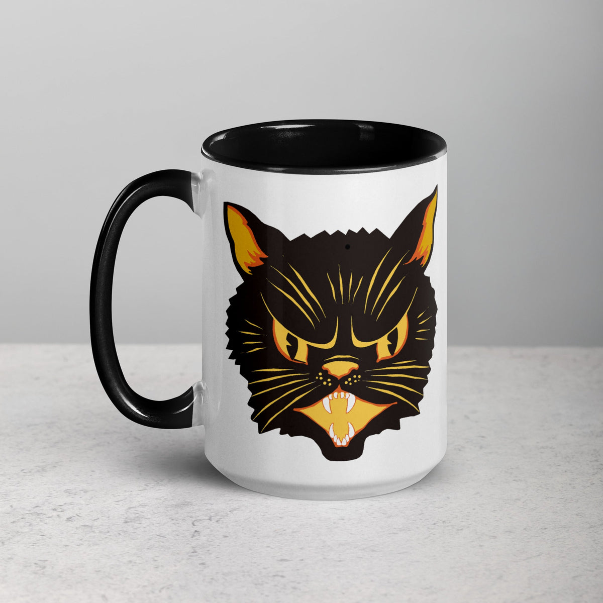Black Cat Vintage Retro Halloween Print Black Lined Mug
