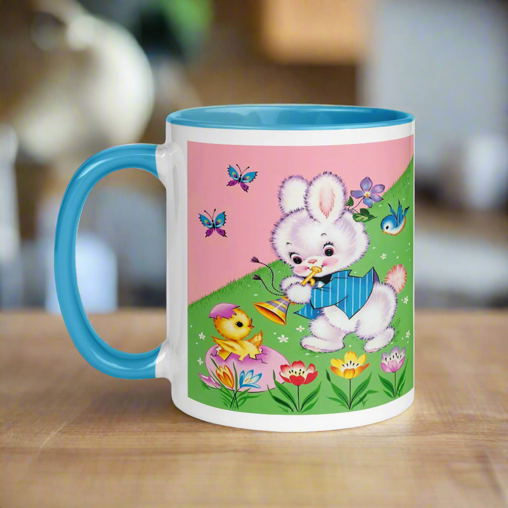 Easter Bunny Mid Century Retro Print Pink Lined Glossy Mug