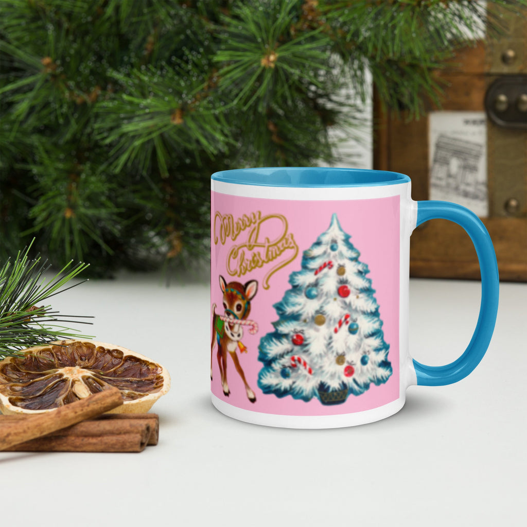 Merry Christmas Retro Reindeer Christmas Tree Lined Blue Ceramic Mug