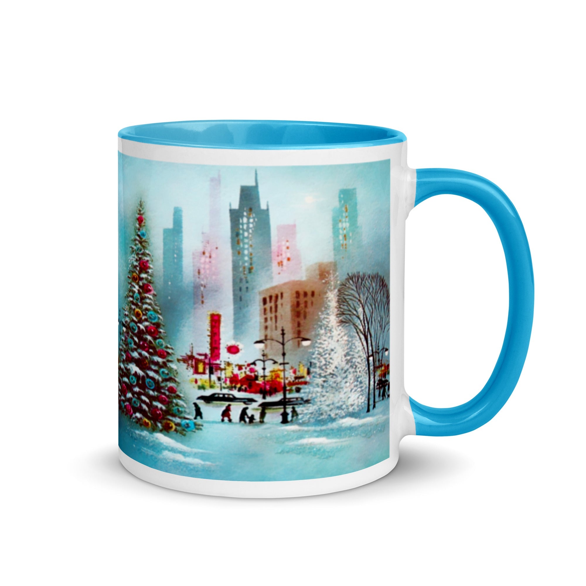 Christmas City Scene Mid Century Retro Blue Christmas Print Lined Glossy Mug