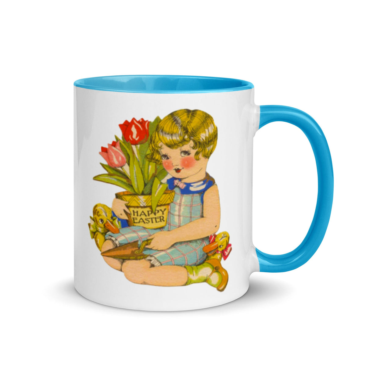 Happy Easter Art Deco Girl Lined Blue Retro Easter Print Glossy Mug