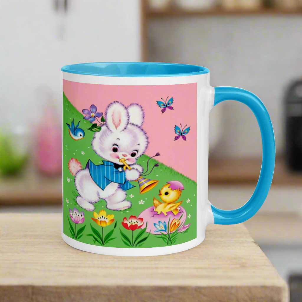 Easter Bunny Mid Century Retro Print Pink Lined Glossy Mug