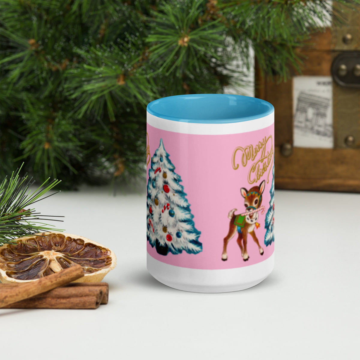 Merry Christmas Retro Reindeer Christmas Tree Lined Blue Ceramic Mug