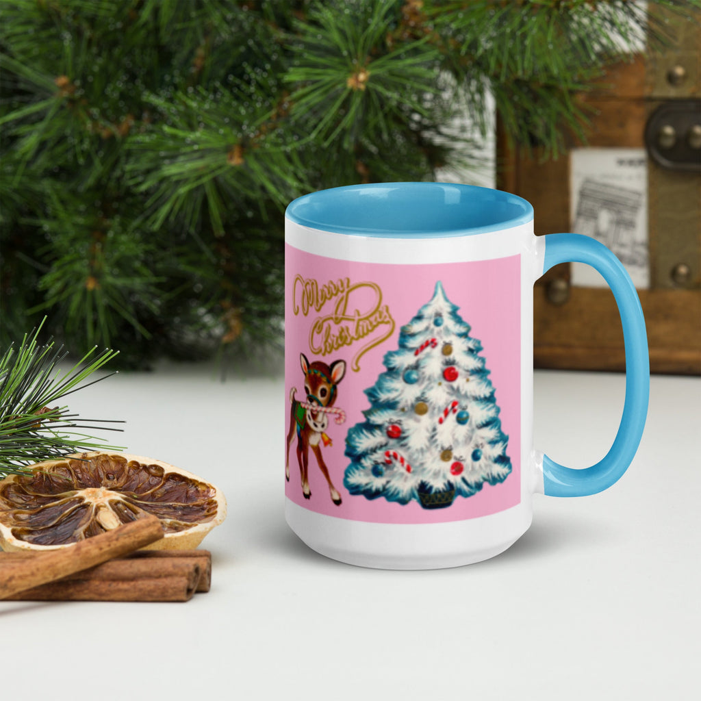 Merry Christmas Retro Reindeer Christmas Tree Lined Blue Ceramic Mug