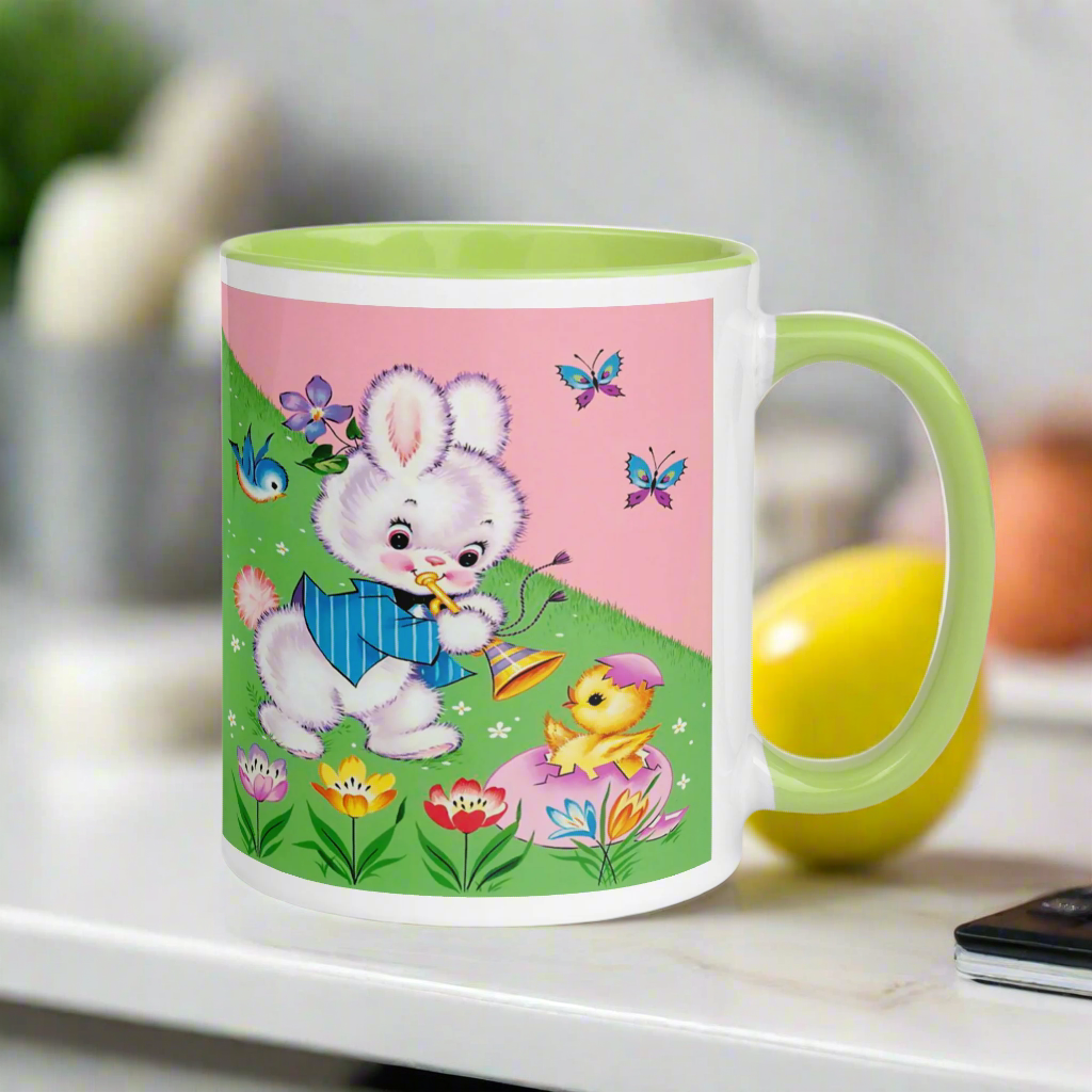Easter Bunny Mid Century Retro Print Pink Lined Glossy Mug