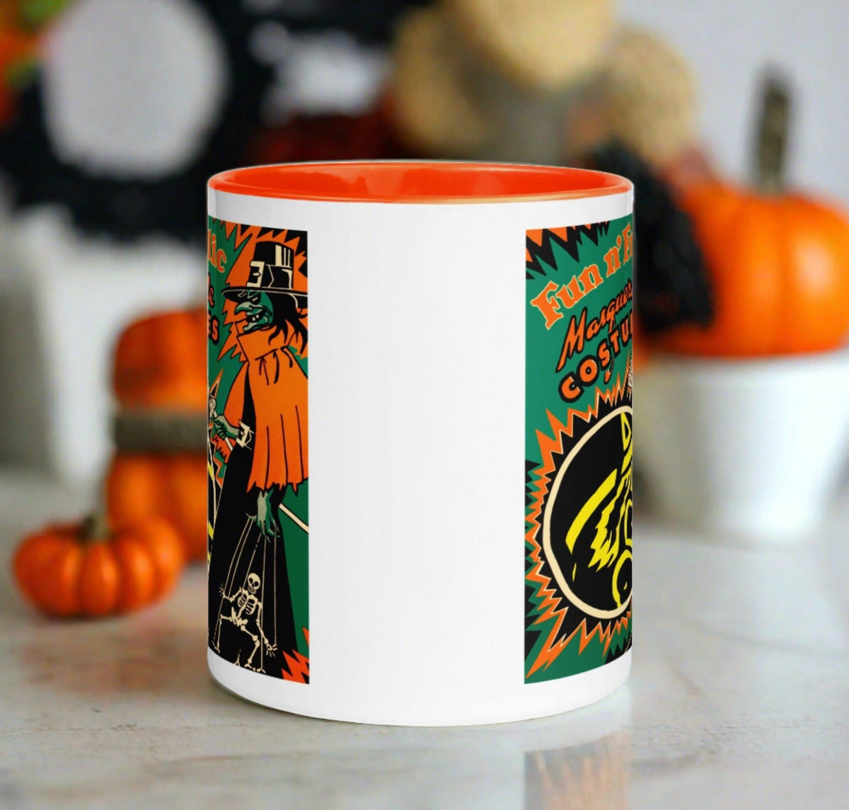 Fun n' Frolic Masquerade Costume Green Witch Orange Lined Halloween Mug