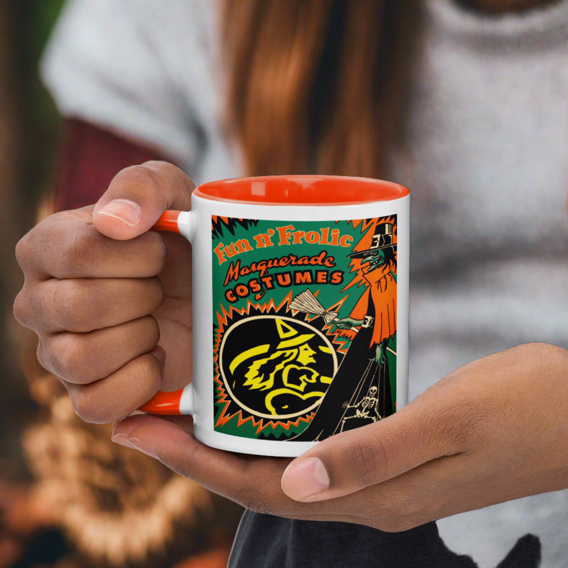Fun n' Frolic Masquerade Costume Green Witch Orange Lined Halloween Mug