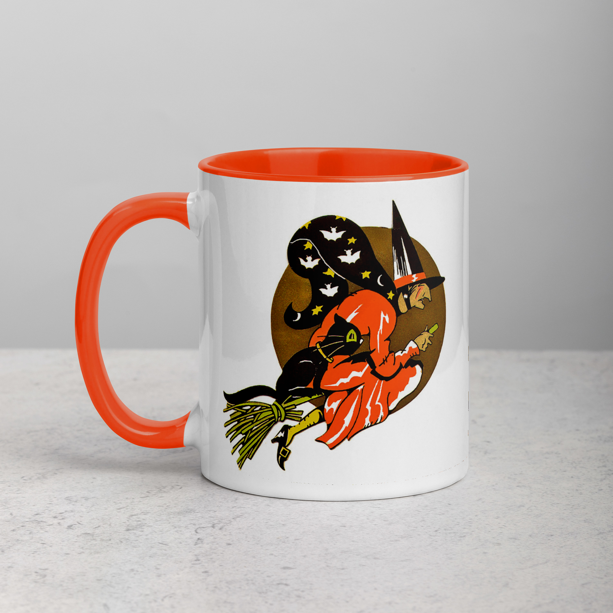 Flying Witch On Broom Black Cat Gold Moon Retro Vintage Halloween Coffee Mug