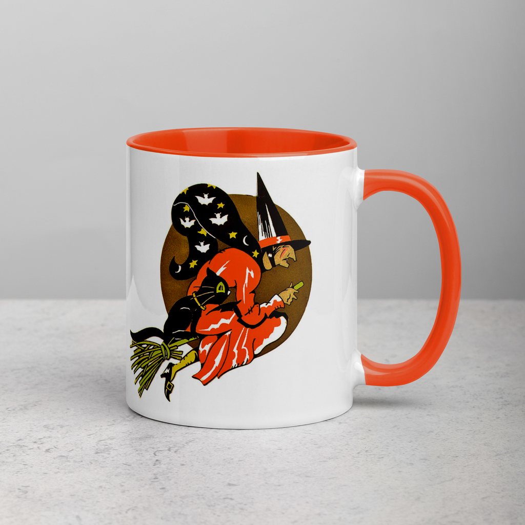 Flying Witch On Broom Black Cat Gold Moon Retro Vintage Halloween Coffee Mug