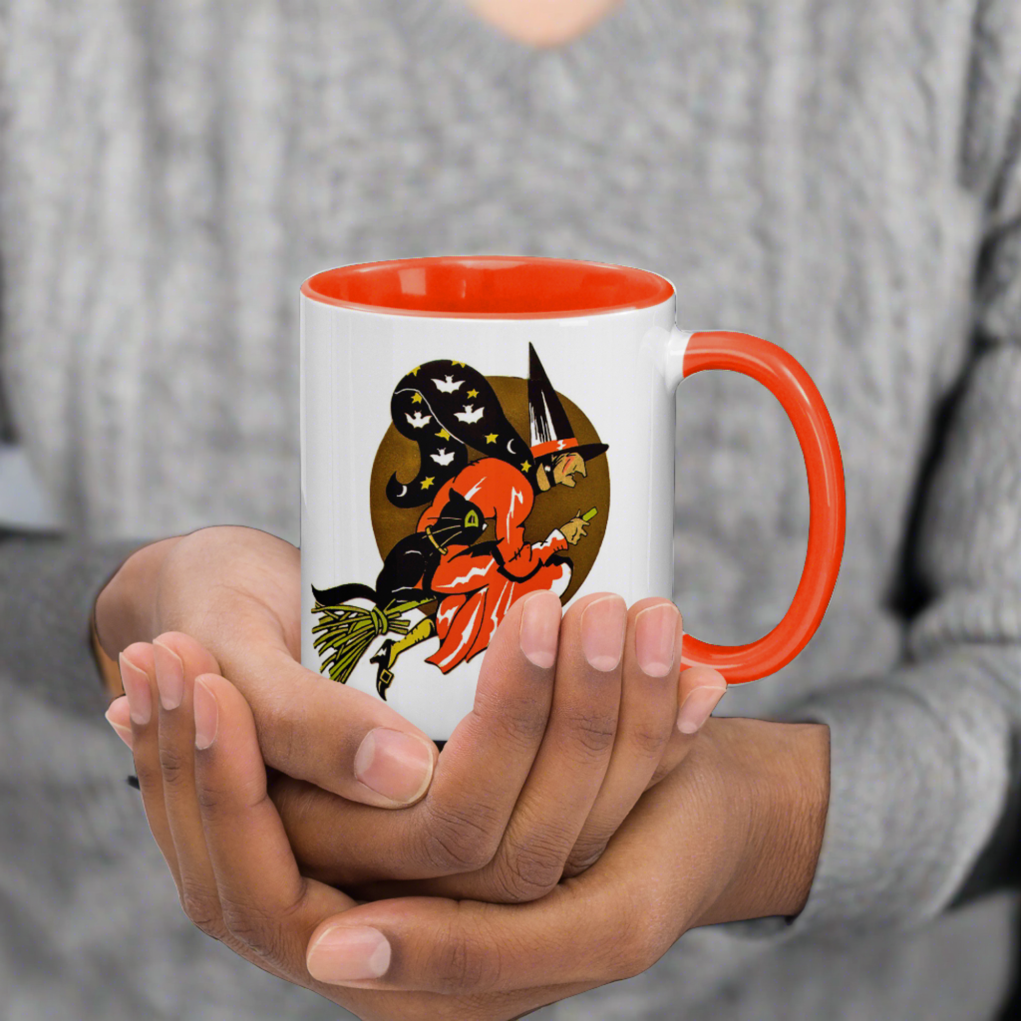 Flying Witch On Broom Black Cat Gold Moon Retro Vintage Halloween Coffee Mug