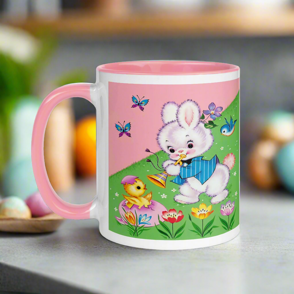 Easter Bunny Mid Century Retro Print Pink Lined Glossy Mug