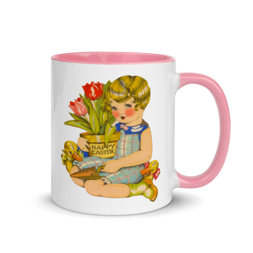 Happy Easter Art Deco Girl Lined Blue Retro Easter Print Glossy Mug