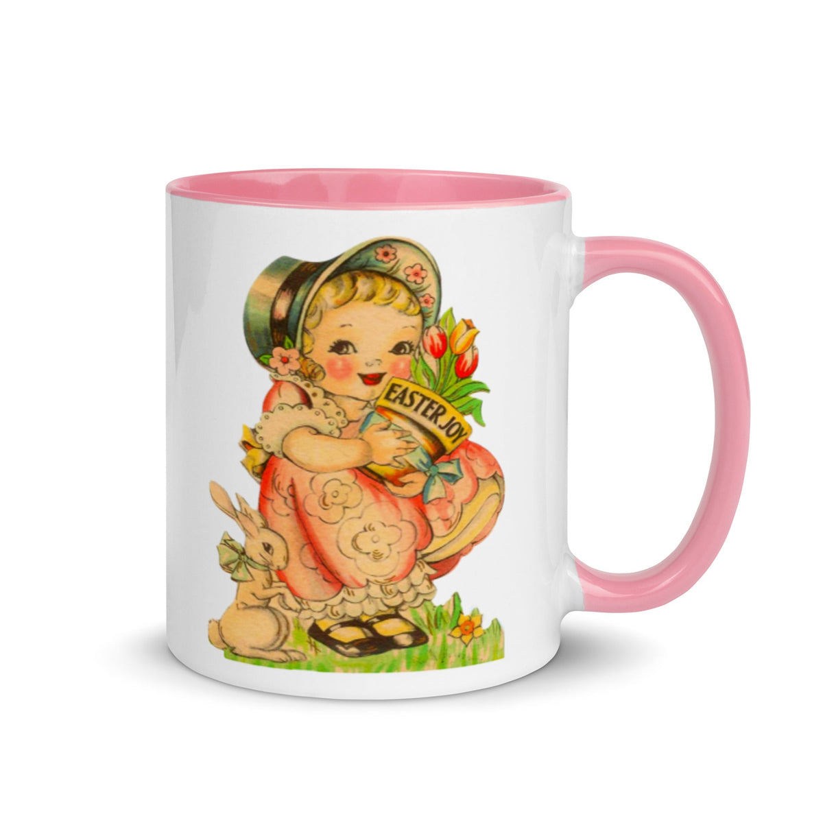 Easter Joy Girl With Bunny Mid Century Retro Easter Glossy Mug