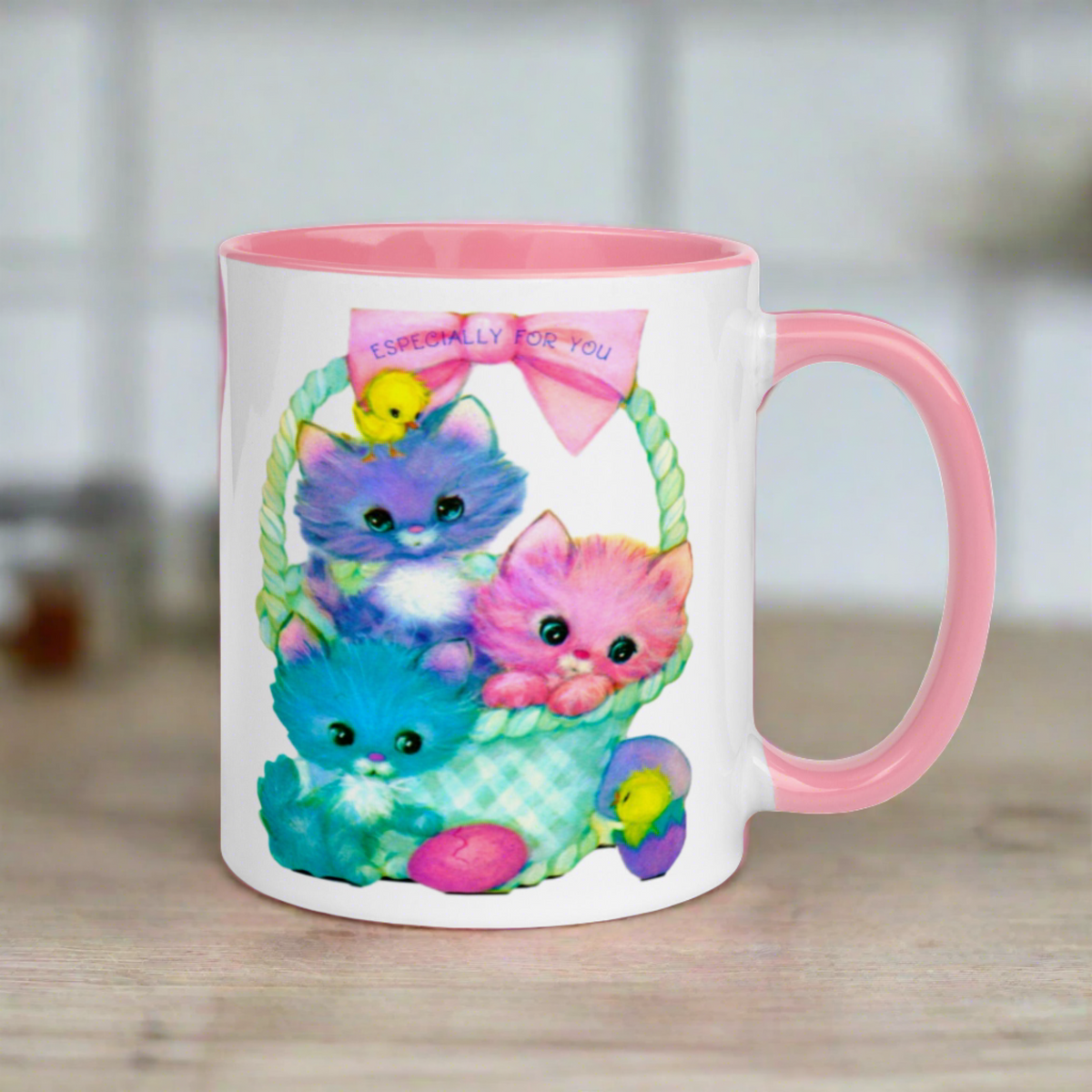 Colorful Easter Kittens Lined Blue Or Pink Retro Easter Print Glossy Mug
