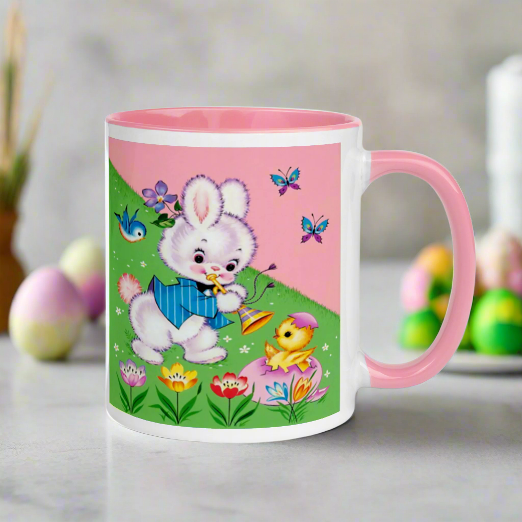 Easter Bunny Mid Century Retro Print Pink Lined Glossy Mug