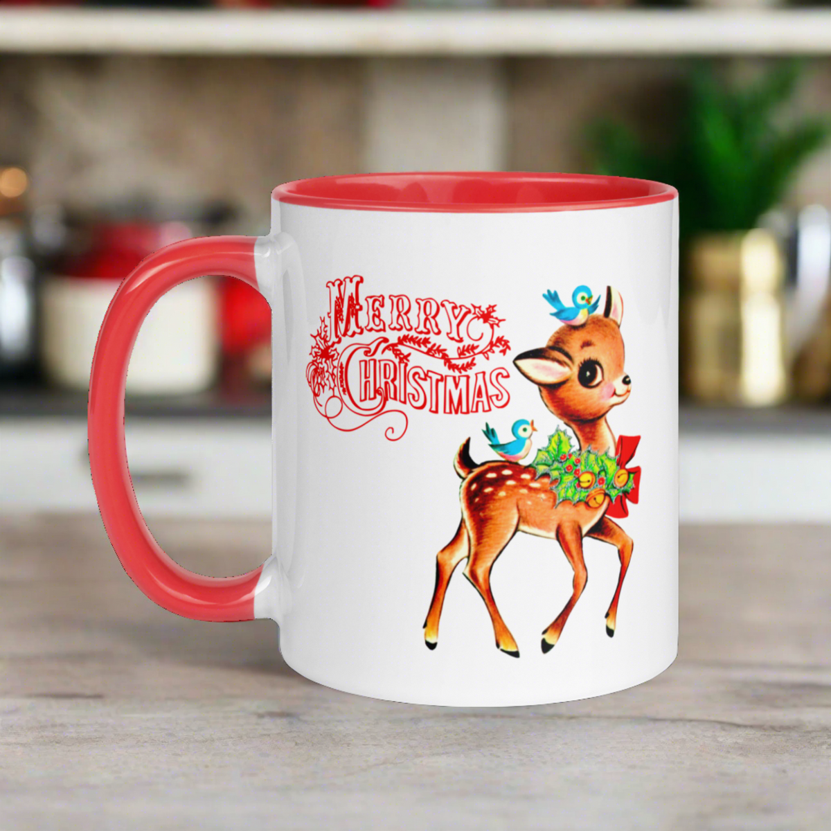 Merry Christmas Reindeer Bluebird Red Lined Retro Christmas Lined Glossy Mug
