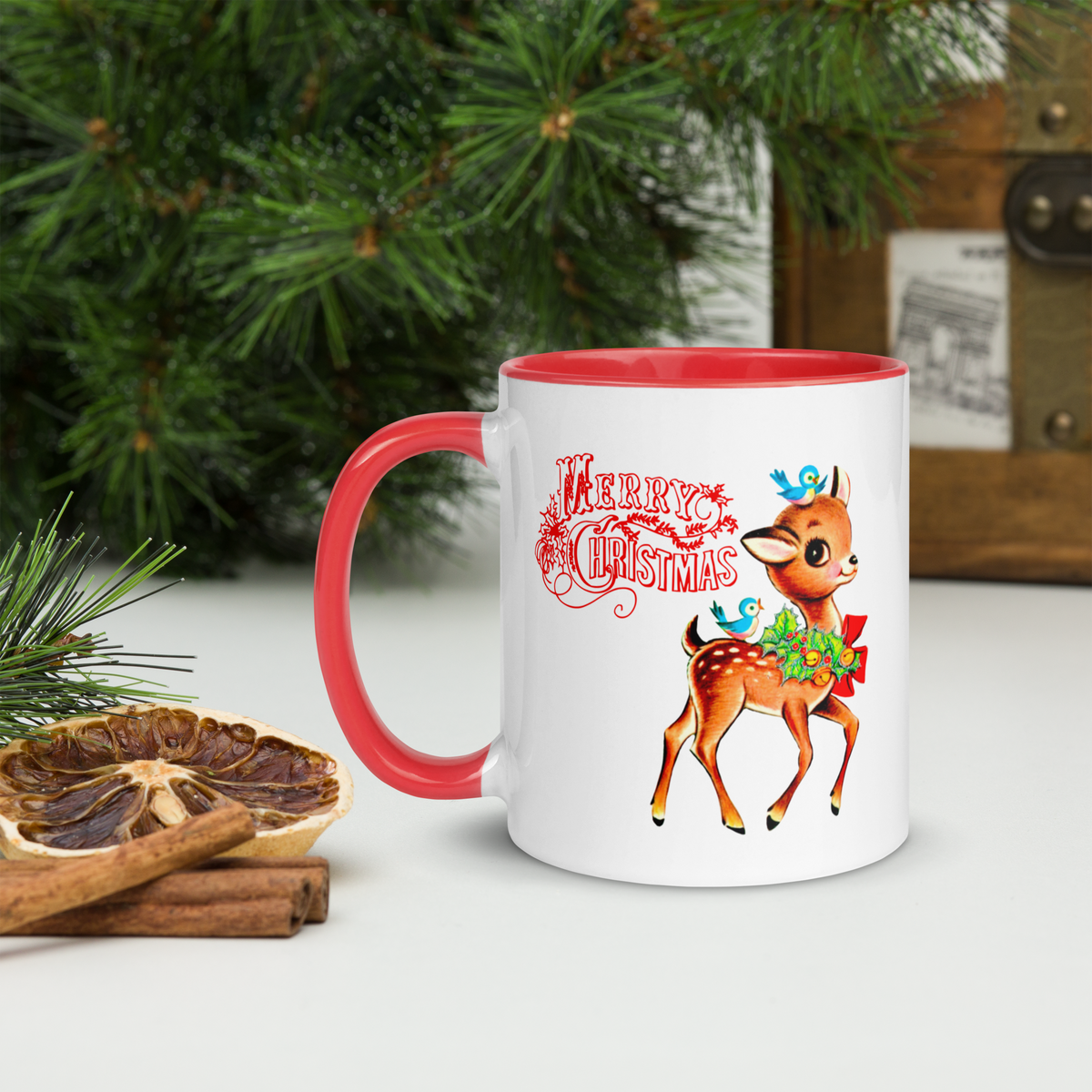 Merry Christmas Reindeer Bluebird Red Lined Retro Christmas Lined Glossy Mug