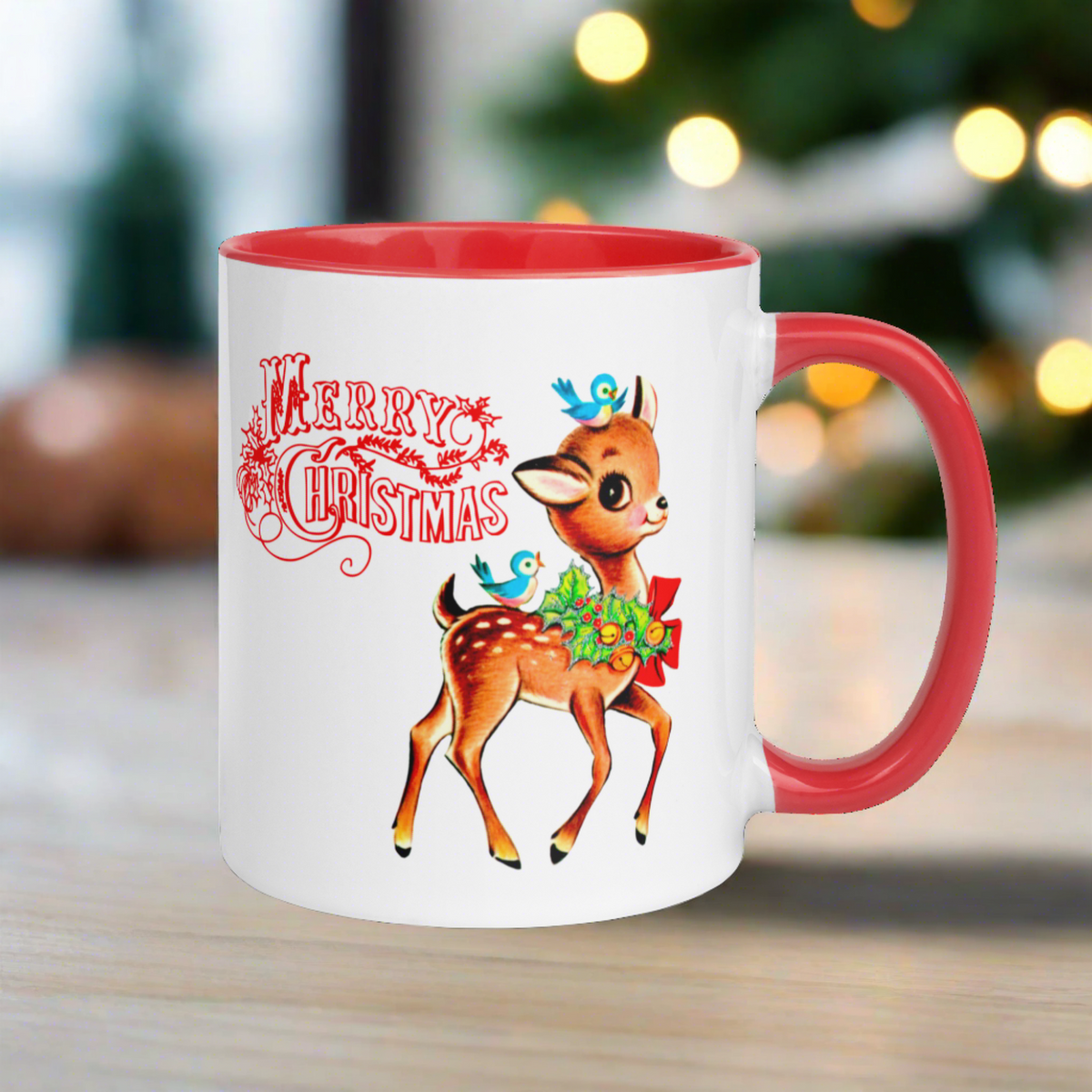 Merry Christmas Reindeer Bluebird Red Lined Retro Christmas Lined Glossy Mug