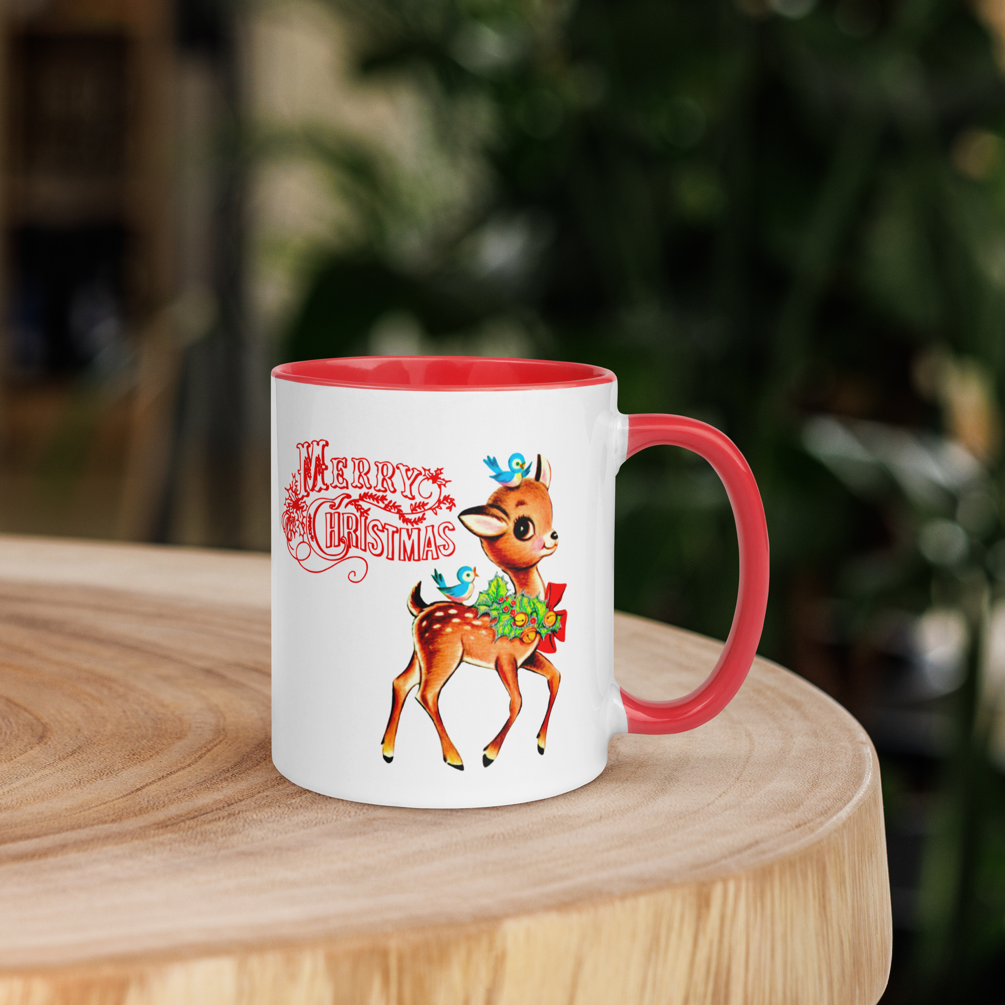 Merry Christmas Reindeer Bluebird Red Lined Retro Christmas Lined Glossy Mug