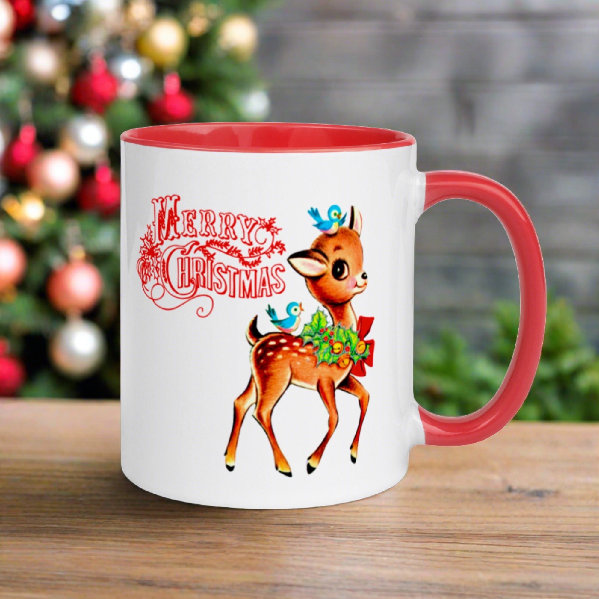 Merry Christmas Reindeer Bluebird Red Lined Retro Christmas Lined Glossy Mug