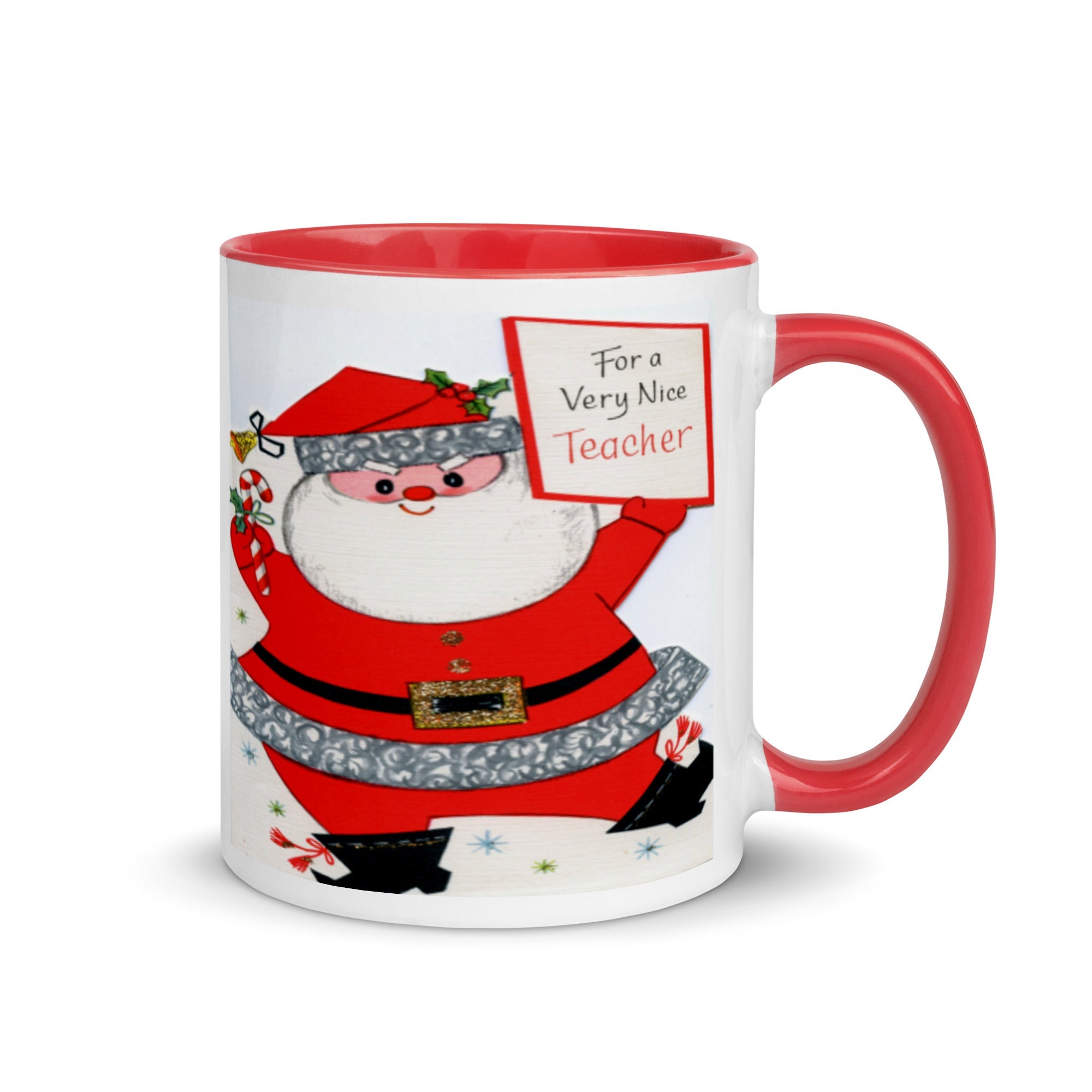 For A Very Nice Teacher Santa Lined Red Mid Century Retro Christmas Print Glossy Mug