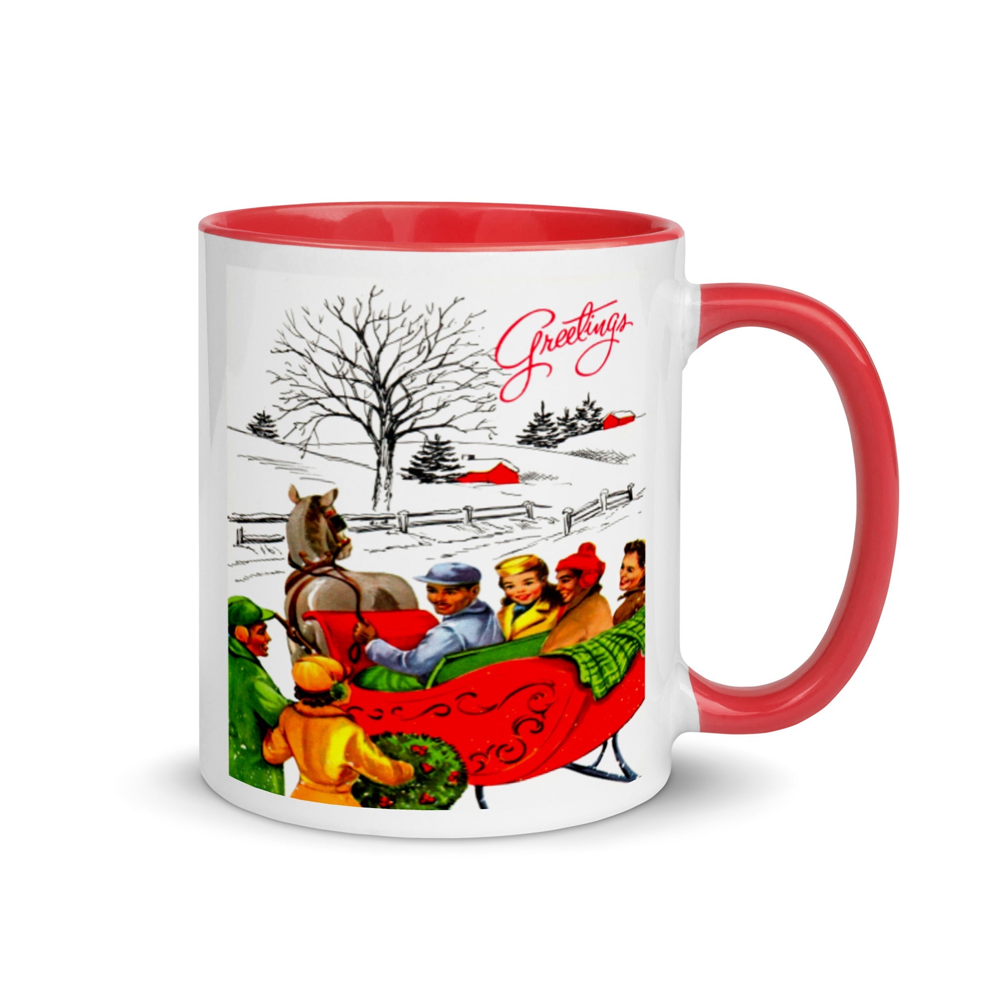 Greetings Winter Sleigh Ride Lined Red Mid Century Retro Christmas Print Glossy Mug