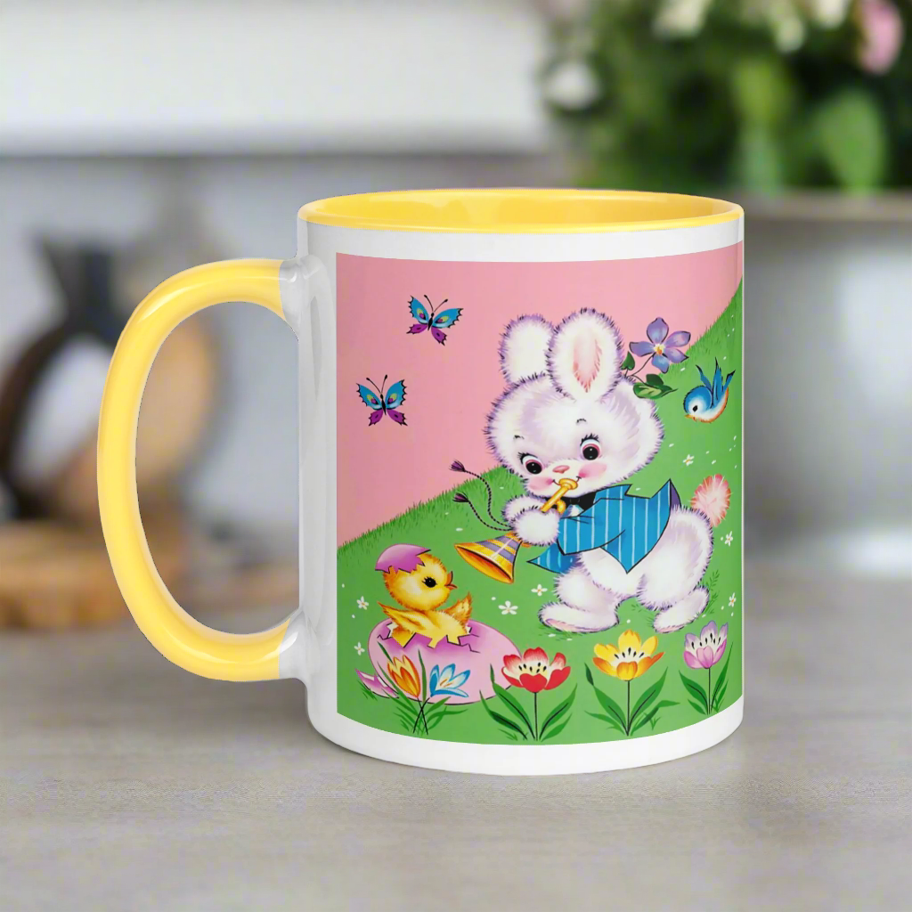 Easter Bunny Mid Century Retro Print Pink Lined Glossy Mug