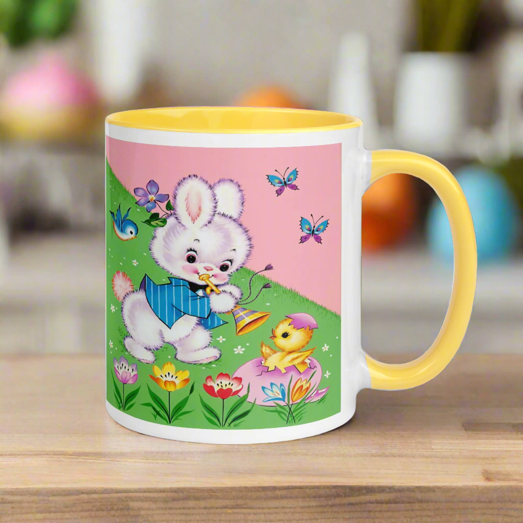 Easter Bunny Mid Century Retro Print Pink Lined Glossy Mug