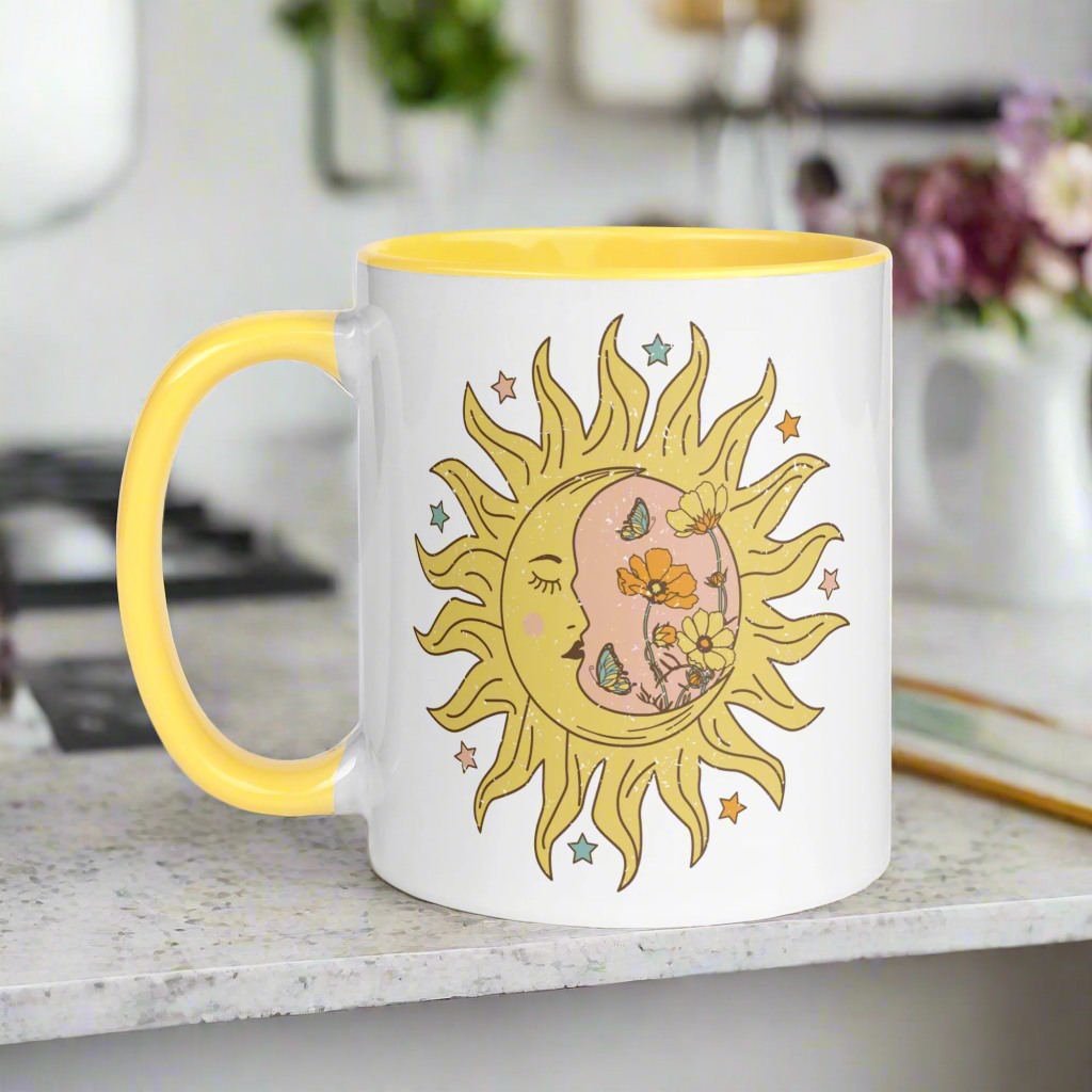 Celestial Sun Moon Yellow Lined Glossy Mug