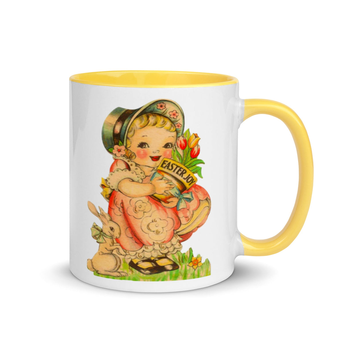 Easter Joy Girl With Bunny Mid Century Retro Easter Glossy Mug