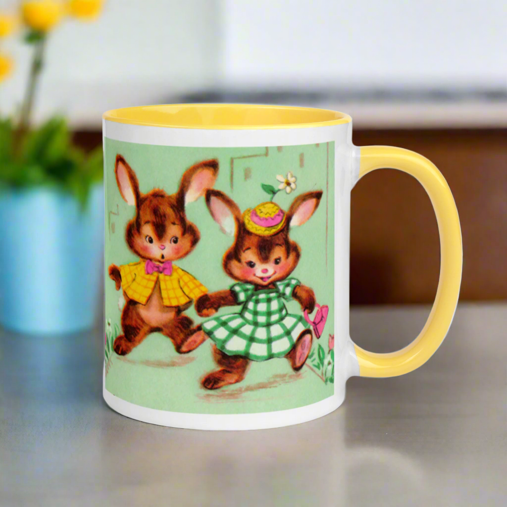 Midcentury Easter Bunnies Yellow Or Pink Lined Glossy Coffee Mug